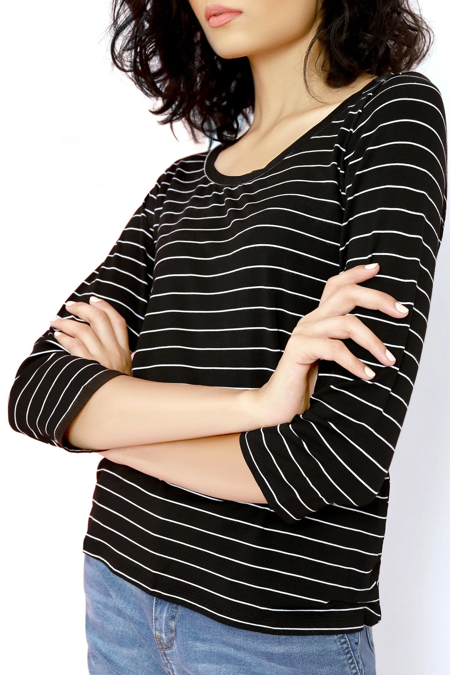 Almas Trendy Navy and White Stripe - Casual for Office - Blended Fabric