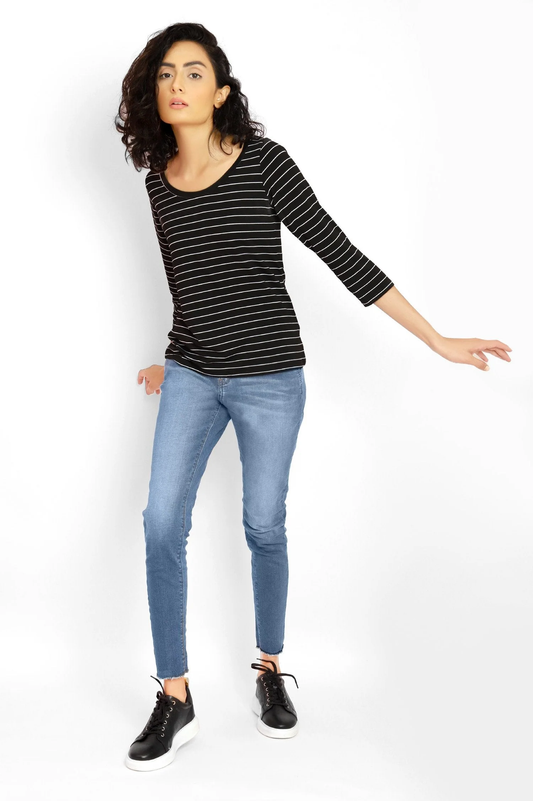 Almas Trendy Navy and White Stripe - Casual for Office - Blended Fabric