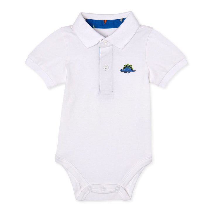 GARANIMALS Dino White Cotton Polo Romper - Made in Bangladesh - Summer Soft Fabric