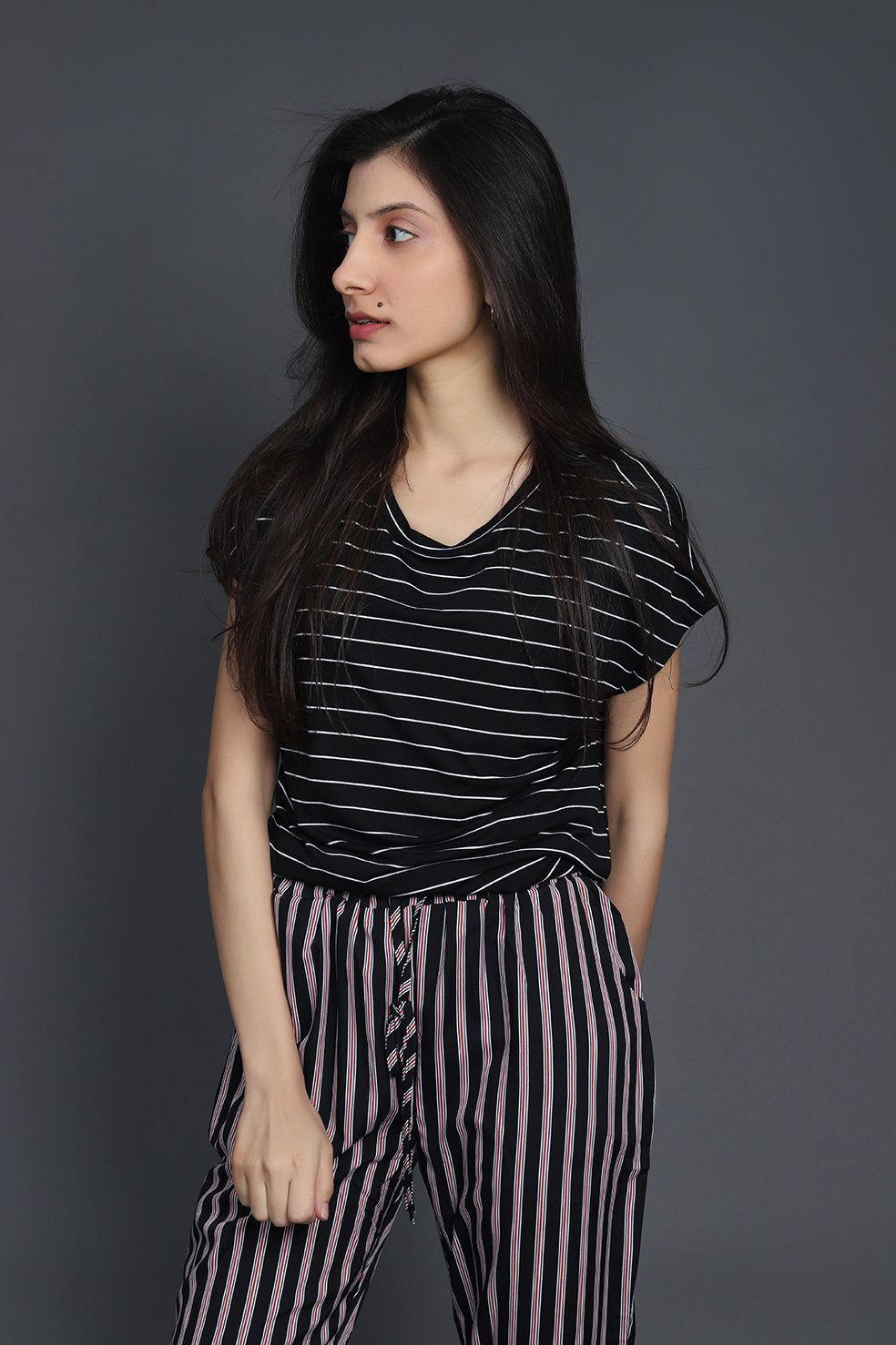 Almas Striped Black White Tee Shirts - Basic Poly Blend - Short Sleeves