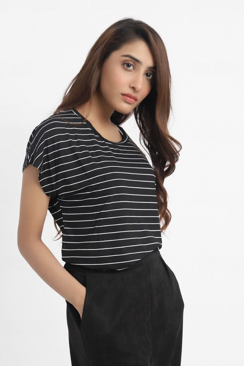 Almas Striped Black White Tee Shirts - Basic Poly Blend - Short Sleeves