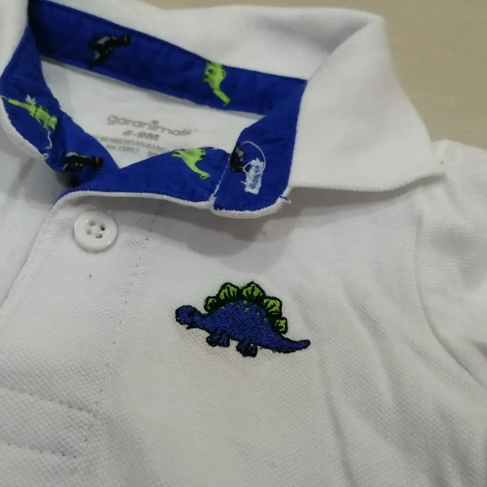 GARANIMALS Dino White Cotton Polo Romper - Made in Bangladesh - Summer Soft Fabric