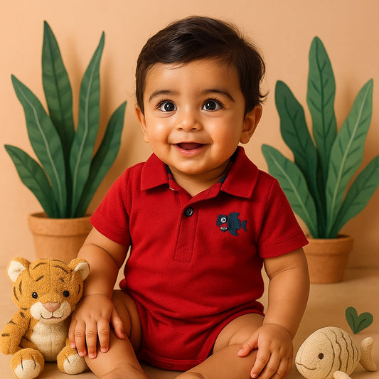 GARANIMALS Fish Red Cotton Polo Romper - Made in Bangladesh - Summer Soft Fabric