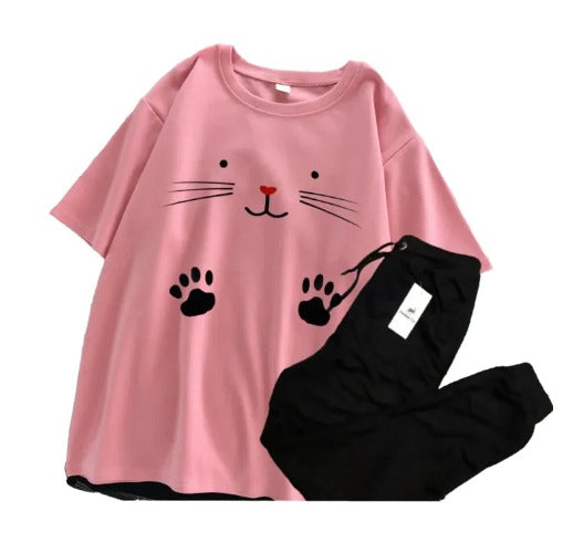 "Pink Kitty Hands Printed T-Shirt and Black Trouser for Girls/Women 🐱👖"