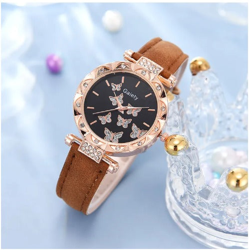 ⌚🦋 Women's Butterfly Leather Strap Quartz Wristwatch Set 🎁
