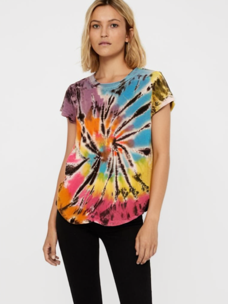 PoPSurf Eye Catching Tie Dye Tee shirt for Women (Tie Dye Neon Bright Rainbow)