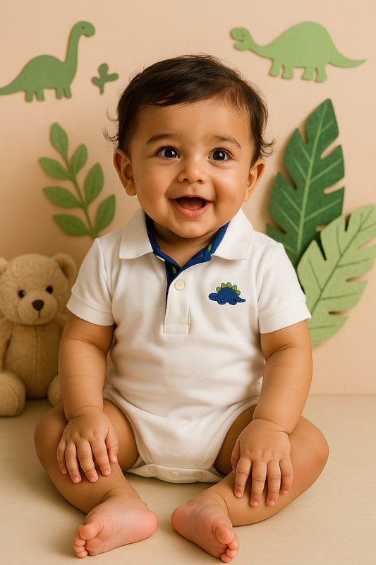 GARANIMALS Dino White Cotton Polo Romper - Made in Bangladesh - Summer Soft Fabric