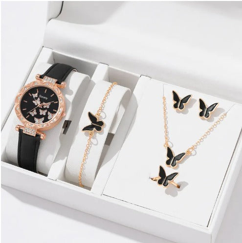 ⌚🦋 Women's Butterfly Leather Strap Quartz Wristwatch Set 🎁